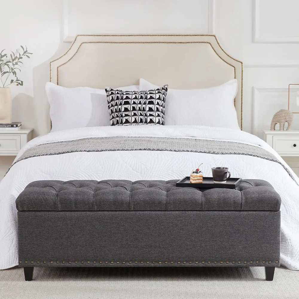 Button-Tufted Ottoman with Safety Hinge | Large Bedroom/Entryway Footstool | Tbfit 129cm (50.8