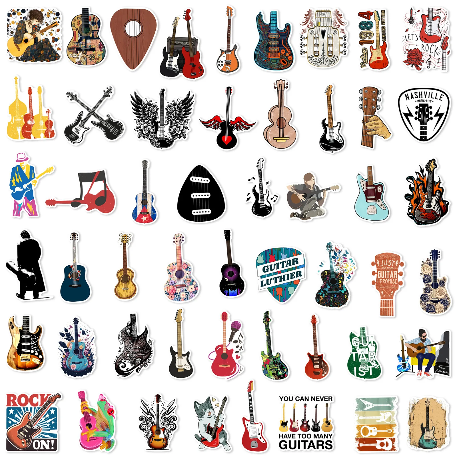 50pcs Vintage Aesthetic Guitar Instrument Stickers For Guitar Suitcase Laptop Phone DIY Sticker Retro Scrapbooking Supplies