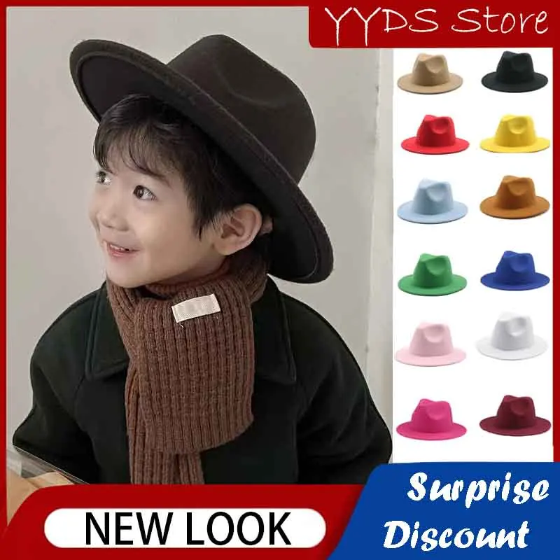 Parent-child Spring and Autumn Imitation Woolen Wide-brimmed Children's Hat Gentleman Retro S Jazz Flat-brimmed Party Hat