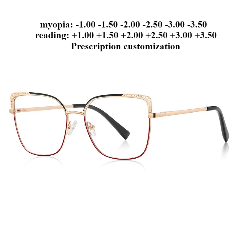

55-16 Новые металлические очки для чтения «кошачий глаз» с защитой от синего света, полый узор, женская близорукость, настройка по рецепту