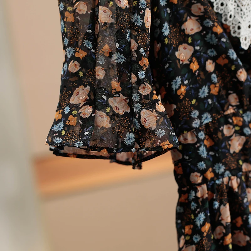 Bloemenprint Dr met pofmraag Zachte Sle Polyestervezel ort Sve Halflange zomer Nieuwe collectie Dames Dr