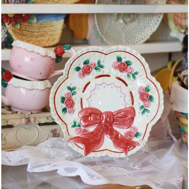 

Original Vintage Fruit Dish Rose Bow Dessert Plate Ceramic Lace Kitchen Utensils Plates Dining Table Decoration Food Plates