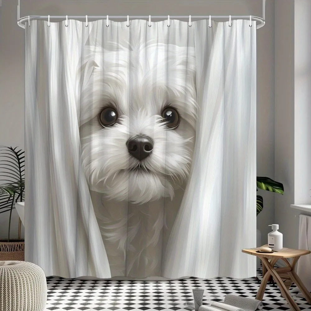 Adorable Poodle Puppy Peeking Over Shower Curtain Cute and Cozy Bathroom Decor with Realistic Dog Bathtub Curtain Accessories