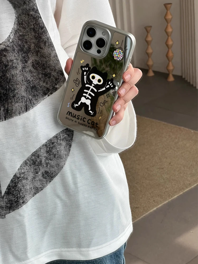 حافظة هاتف مرآة لهاتف آيفون 17 اير برو 16 15 بلس 14 13 12 11 برو ماكس حماية كاميرا مرفوعة غير لامعة للهياكل العظمية النسائية للذكور #4