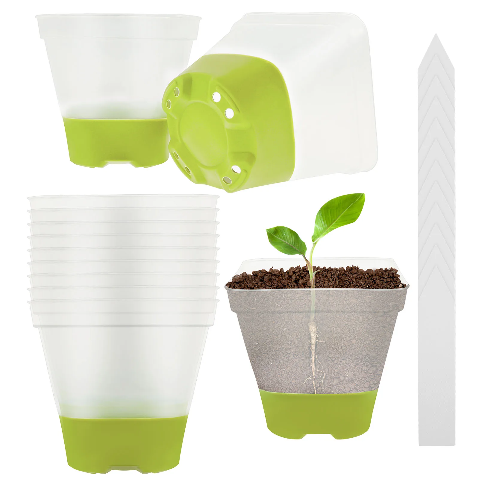 12 Pcs Plant Nursery Pots with Humidity Dome and Labels Drainage Hole Flowerpot Plastic Grow Box For Garden Plants Transplant