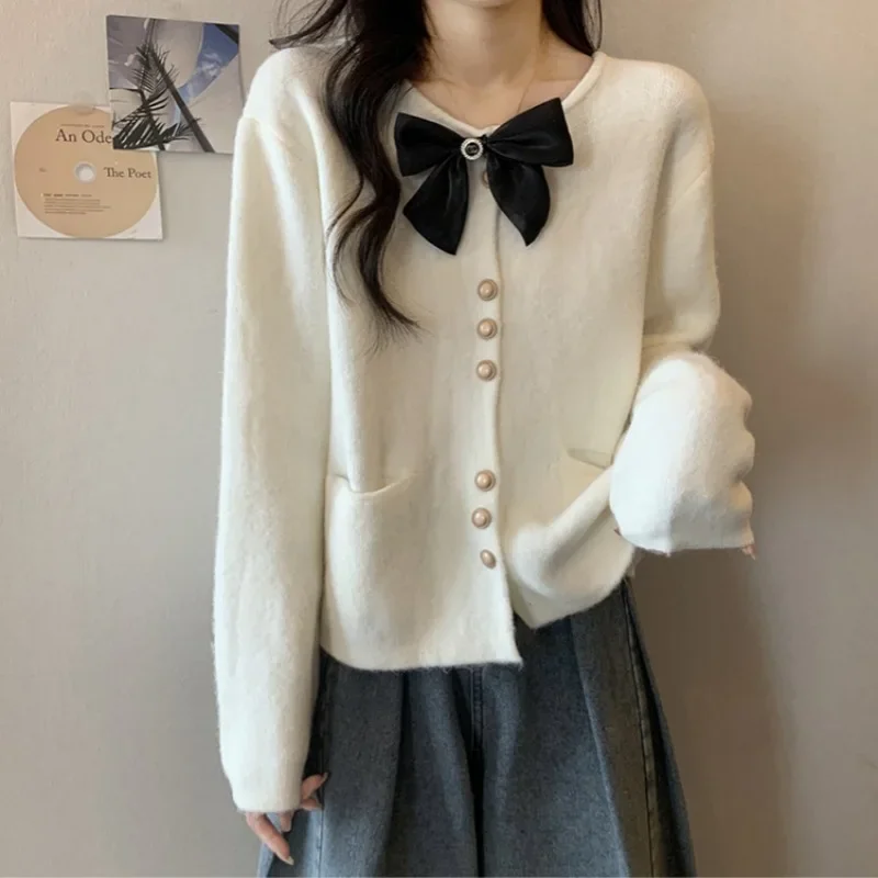 Cardigan Women Bow Design Cozy Elegant Chic Trendy All-match Autumn Knitted Korean Fashion Classic Popular Ins Exquisite Slouchy