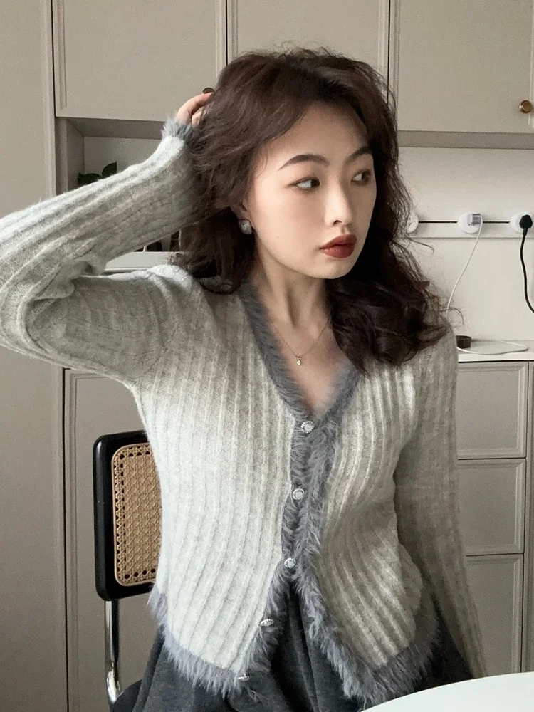 Cardigan Women Raw Edge Crop V-neck Sweaters Autumn Temperament High-end Knitted Gentle Korean Style All-match Slim Fashion New