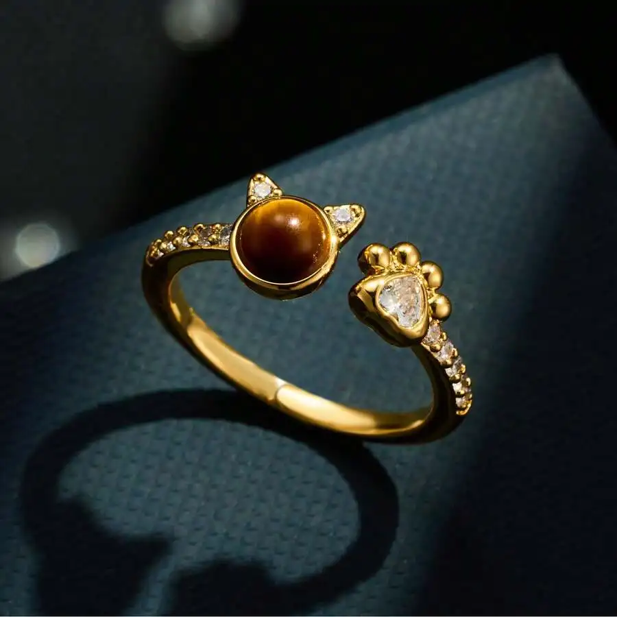 

Cat Paw Open Alloy Ring With Tigers Eye And Zircon For Women