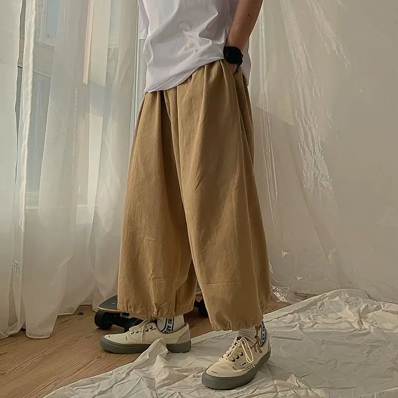 Vintage Solid Color Loose Cotton Men's Cargo Pants Street Casual Drawstring Anklet All-match Casual Male Knickerbockers 2023