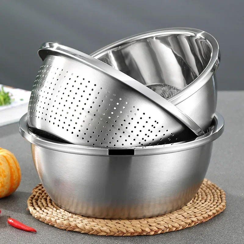 

Stainless Steel Egg Flour Mixing Bowls Rice Sieve Fruit Vegetables Drain Basket Soup Basin Mesh Filter Kitchen Utensils