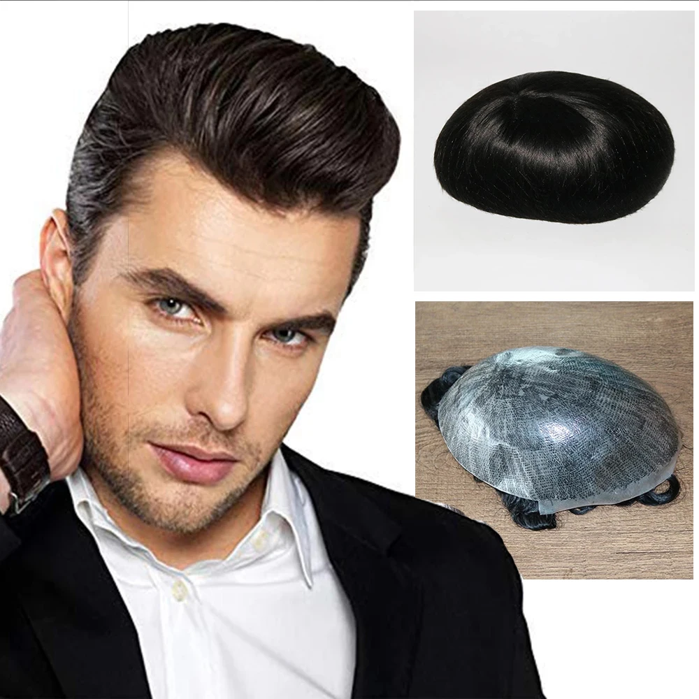 #1 Straight Men Toupee Hairpieces 100% European Virgin Human Hair Durable Thin Skin Full Pu Black Male Hair Capillary Prosthesis