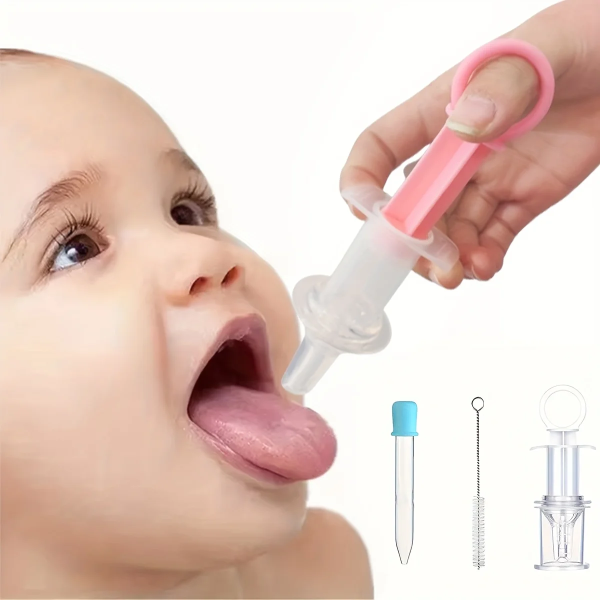 

Baby feeding device, feeding medicine, milk and other liquids, with pacifier and cleaning brush, dropper, measuring cup