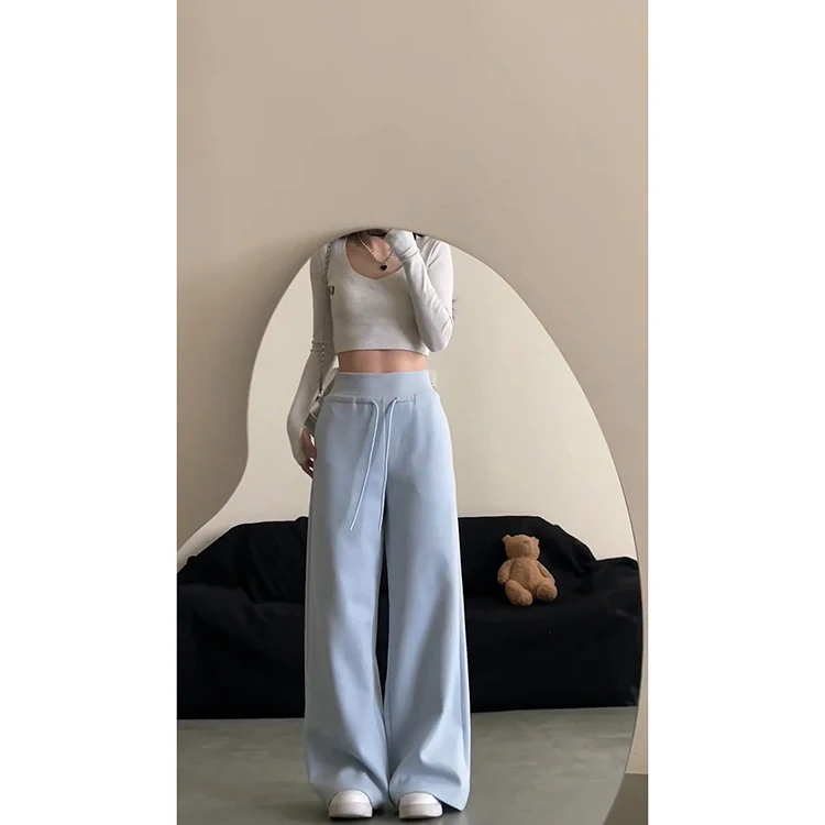 الأزرق عالية الخصر فضفاض بنطال ذو قصة أرجل واسعة المرأة بناطيل كاجوال لربيع وصيف 2025 جديد Sle الكورية Sle كل مباراة ملابس رياضية