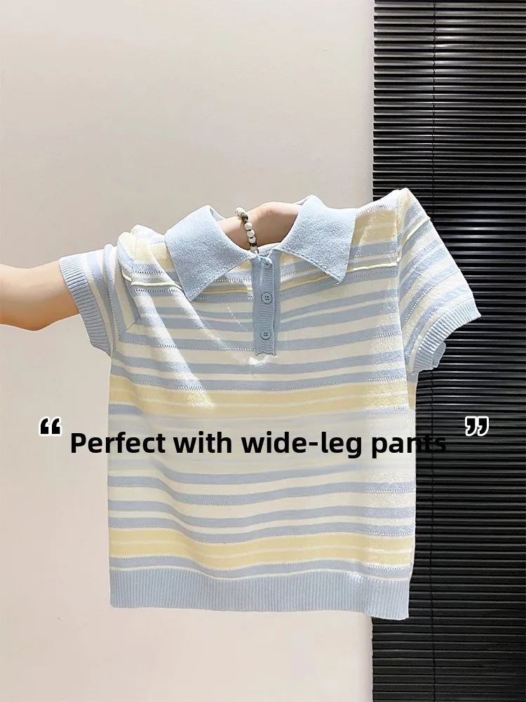 

Chic Knitted Short Sleeve Neck T-Shirt for Women Summer Outerwear Commute Versatile Striped Color Block Vintage Hong Kon...