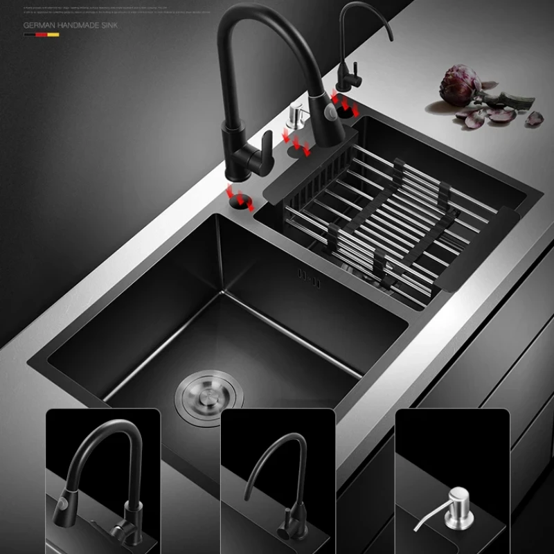 Double Bowl Black Nano Kitchen Sink Creative Stainless Steel Basin with Drain Set and Handmade Kitchen Accessories