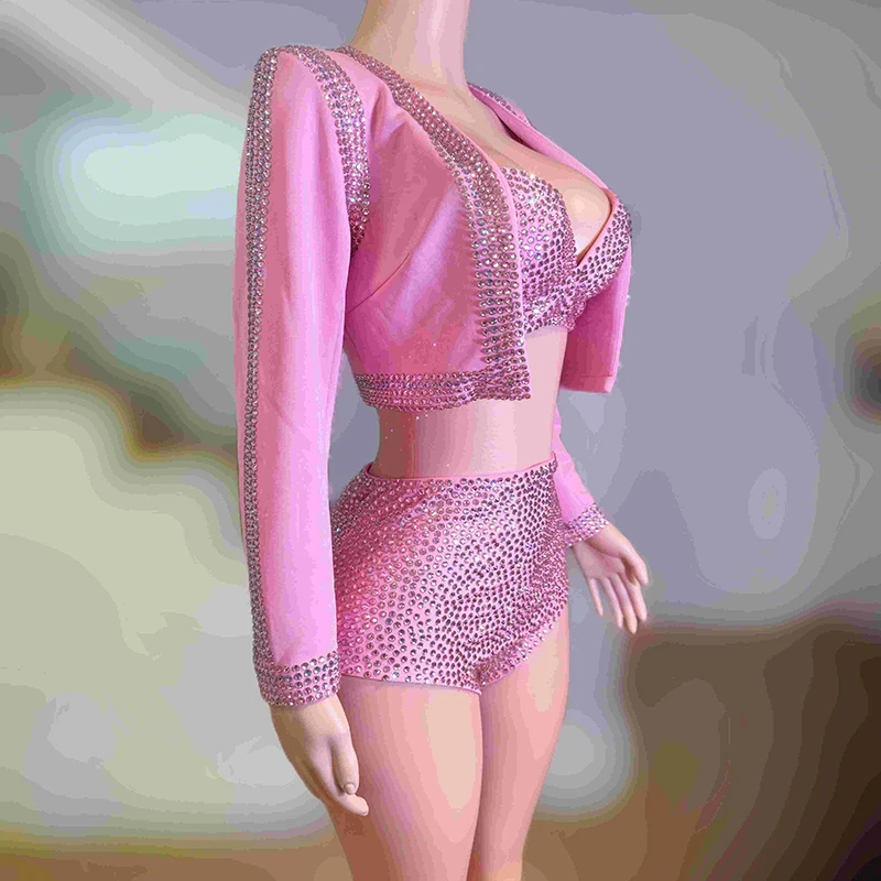 2025年 大人向けナイトクラブ ジャズダンス衣装 女性 ゴーゴーダンサー服 フェスティバル パーティーショー レイブウェア ピンクジャケット スカート グリッターコスチューム