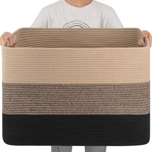 

OIAHOMY 108L Супербольшая корзина для одеял, прямоугольная плетеная корзина для хранения 25x16x16 дюймов, корзина из хлопкового каната для гостиной, T