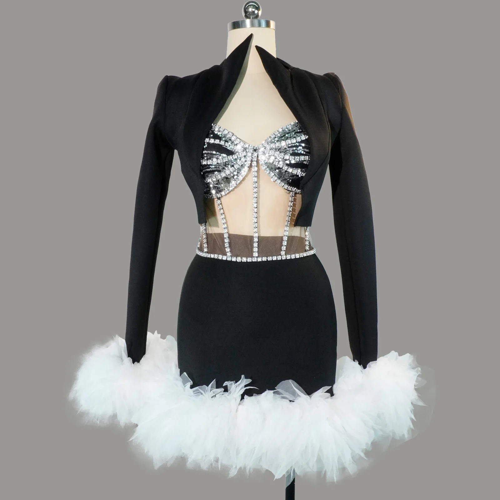 

Black Stand Collar Jacket Rhinestone Bustier dress Skirt Feather Hem Party Drag Queen gogo dance costume stage outfit dj