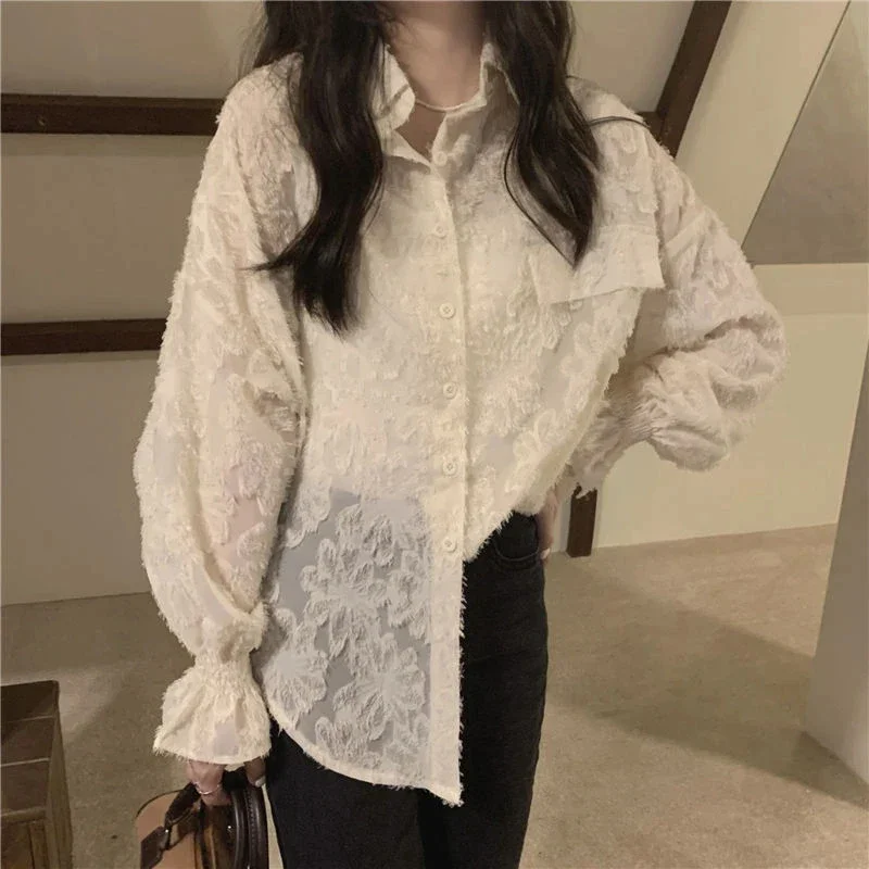 MEXZT Lace Blouses Women Sexy See Through Tassel Loose Sunscreen Shirts Summer Korean Sweet Elegant Casual Sun Protection Tops