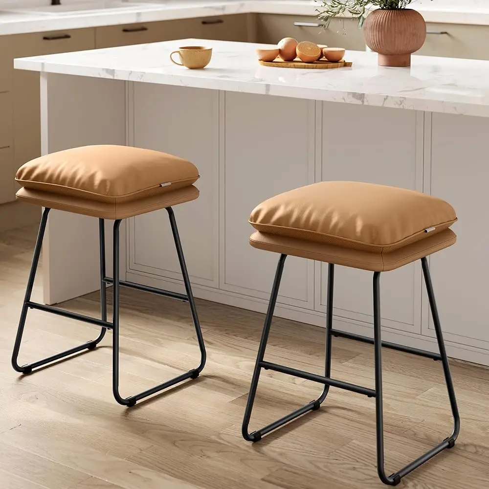 

Bar Stools Set Of 2, Counter Height Bar Stools, Leather Counter Stools Barstools With Soft Cushion And Metal Sled Legs, 25.6