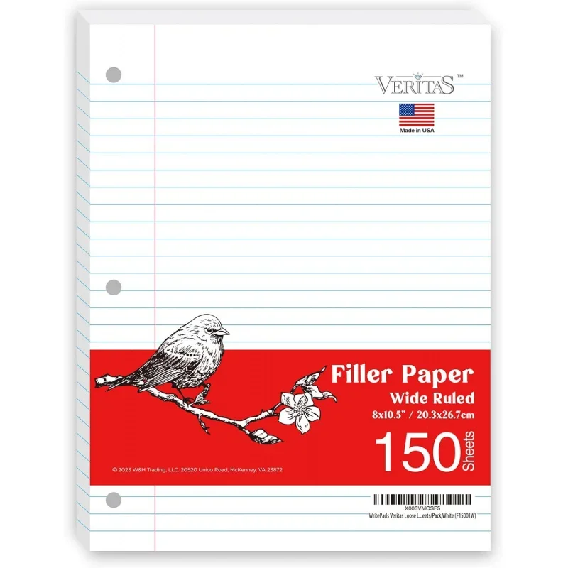 Notebook Bulk Loose Leaf Paper, 8x10-1/2 Wide Ruled Filler Paper,3 Hole Punched Paper 3 Ring Binder,150