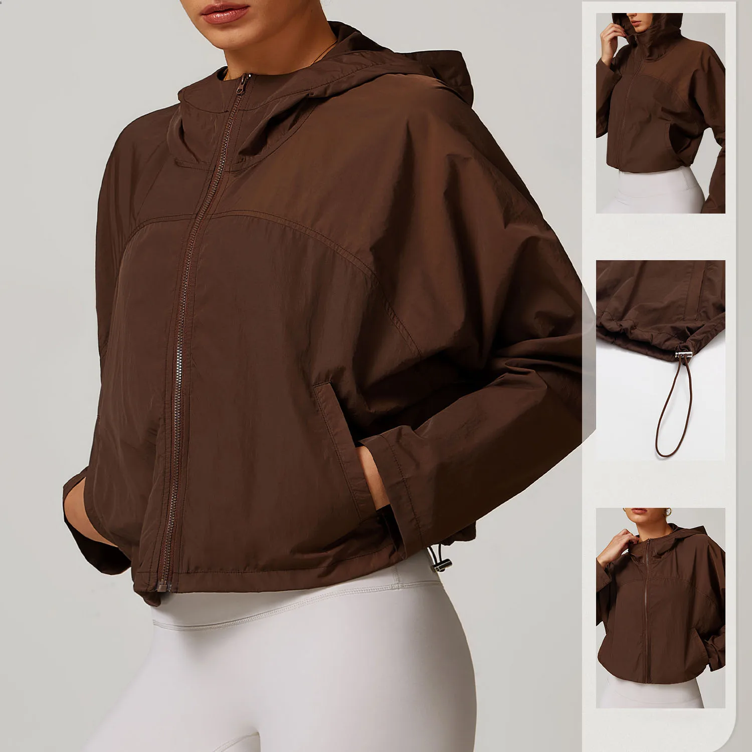 Zipper Quick Dry Hooded Jacket Women Drop Shoulder Loose Workout Top Windproof Comfortable Running Sports Outdoor Fitness Jacket