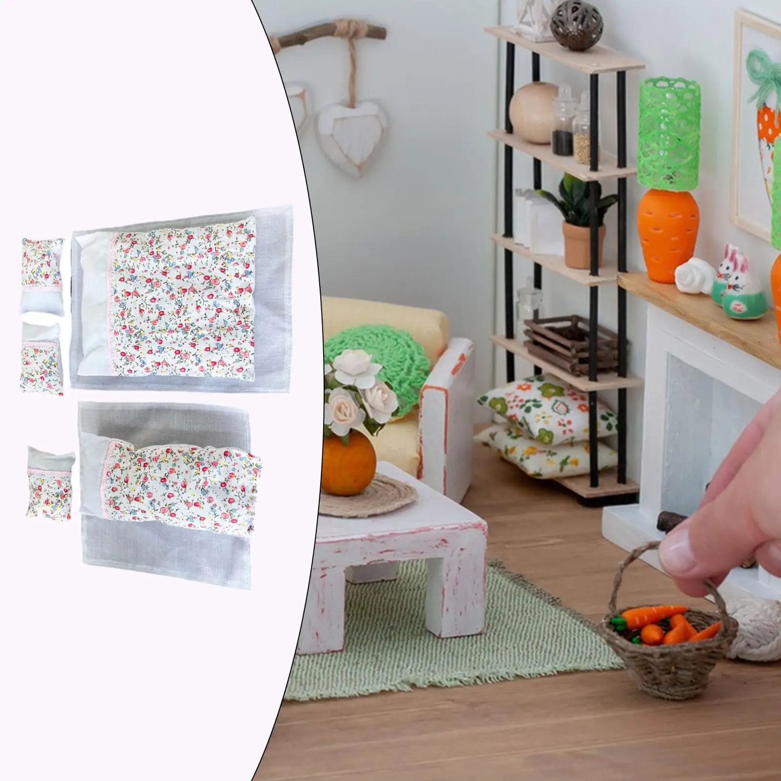 ตุ๊กตาชุดเครื่องนอน Pretend Play Dollhouse Decor รวม 2 แผ่น,2 ผ้านวมและ 3 หมอนสําหรับตุ๊กตา Cradles ตุ๊กตาเตียงอุปกรณ์เสริม