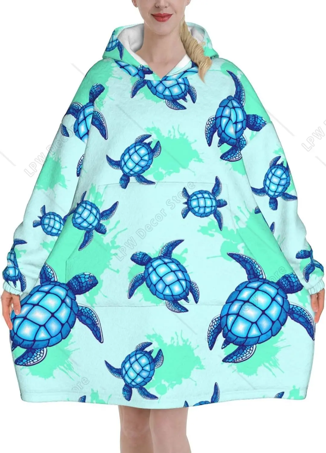 

Ocean Animal Turquoise Blue Sea Turtles Adult Flannel Wearable Plush Blanket With Pockets, Ultra Soft Plush Warm Hoodie