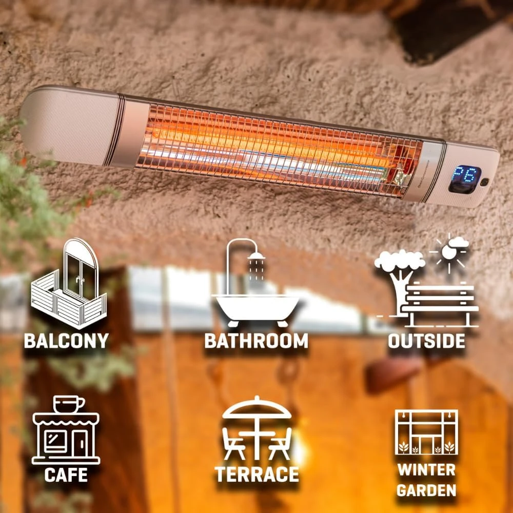 Infrared Patio Heater, Carbon Wall Mounted Heater 300/1500W, 6 Heat Modes, IP55 Waterproof, Instant Heat in 3 Seconds,