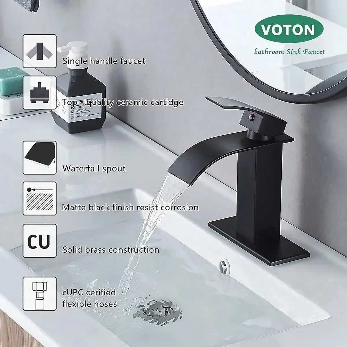 Matte Black Single-Handle Stainless Steel Bathroom Basin Faucet Waterfall-Style Bathroom Sink Faucet, Suitable For 1-Hole Or 3-Hole Installation, Includes 6