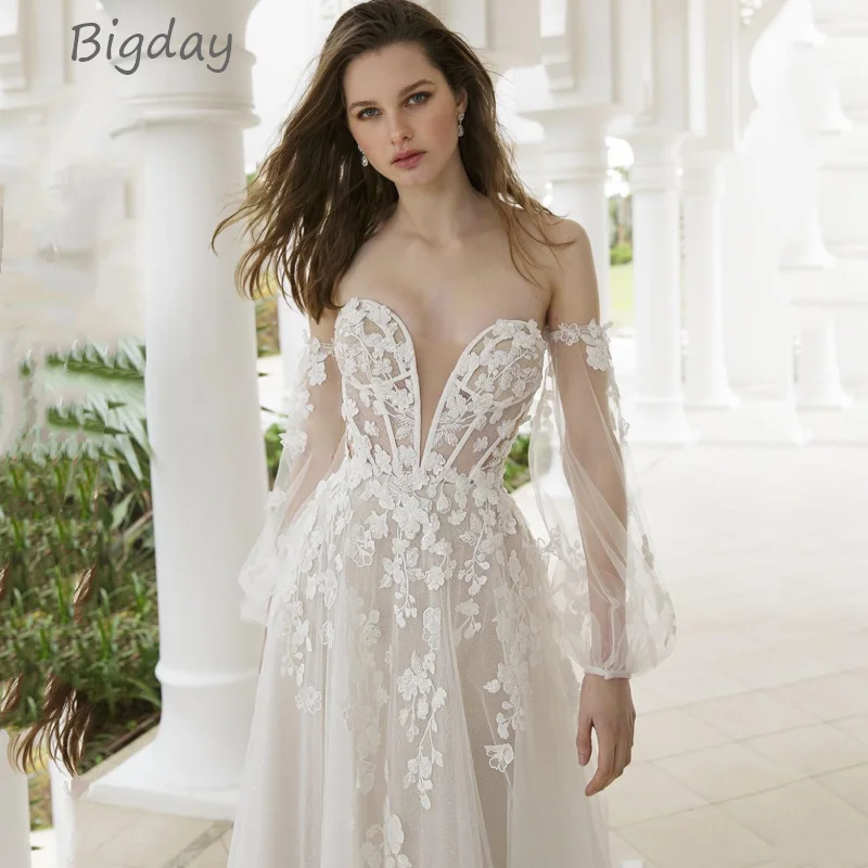 Elegant A-Line Wedding Dress Women Sweetheart Lace Long Puff Sleeve Open Back Applique Bridal Gown Sweep Train Vestidos De Novia