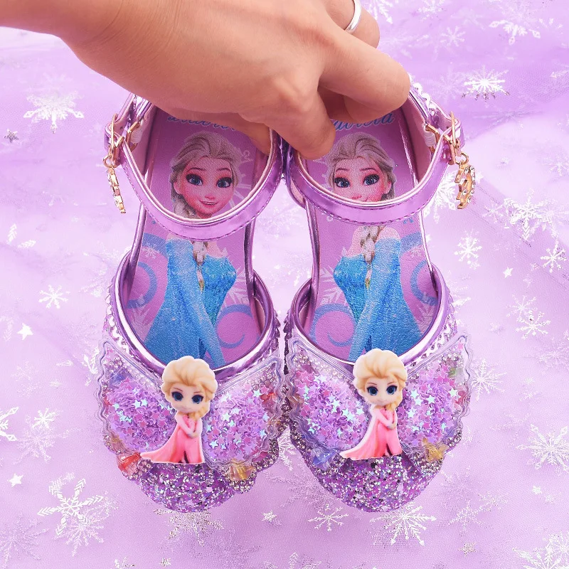 Disney Frozen Kids Leather For Girls Elsa Princess Casual Glitter Children High Heel Party Dress Shoes With Butterfly Knot