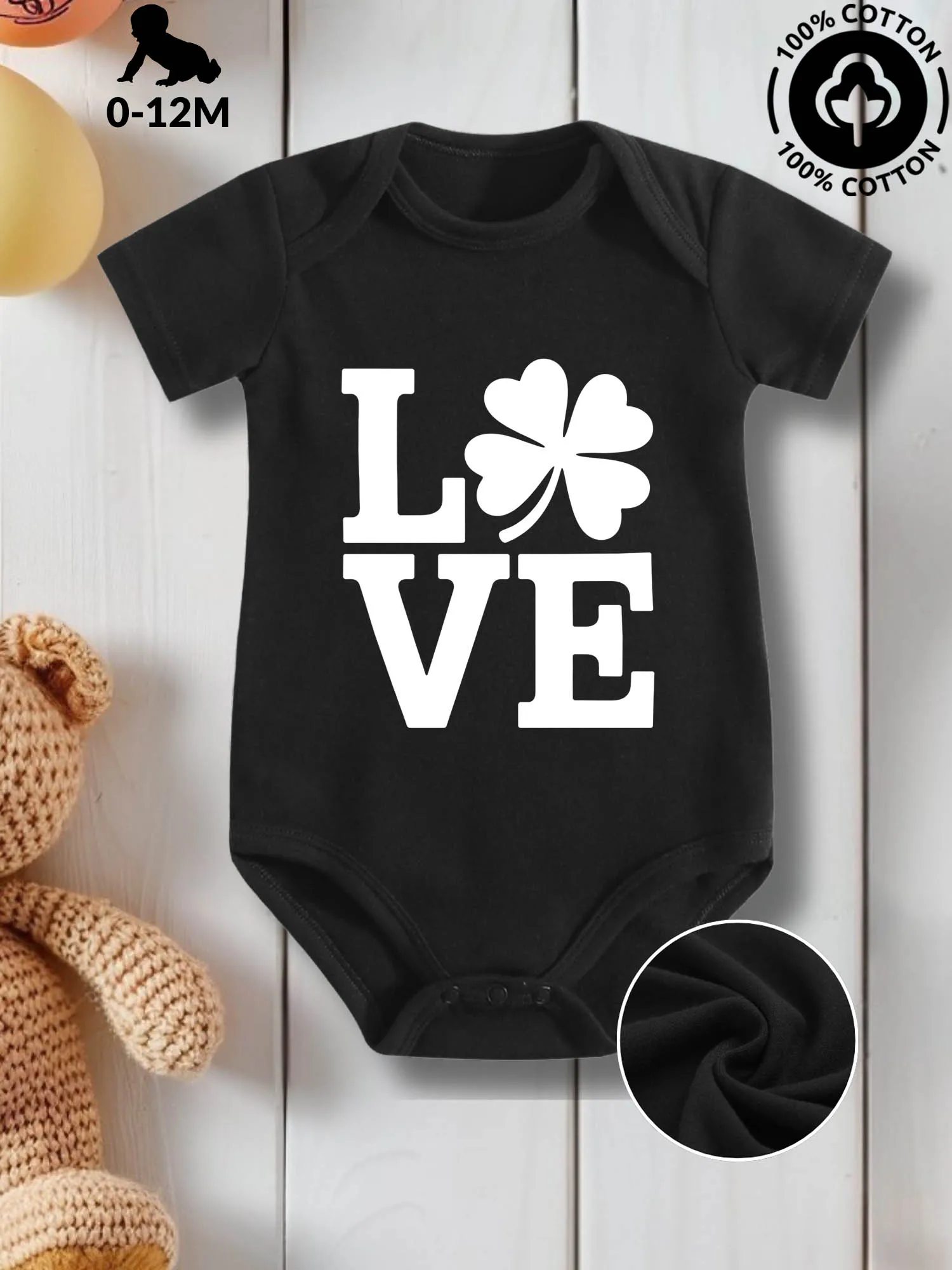 Love Shamrock Unisex Baby Crawling Suit, Pure Cotton Skin Care Onesie, All-Season Wear Black Bodysuit 190GSM