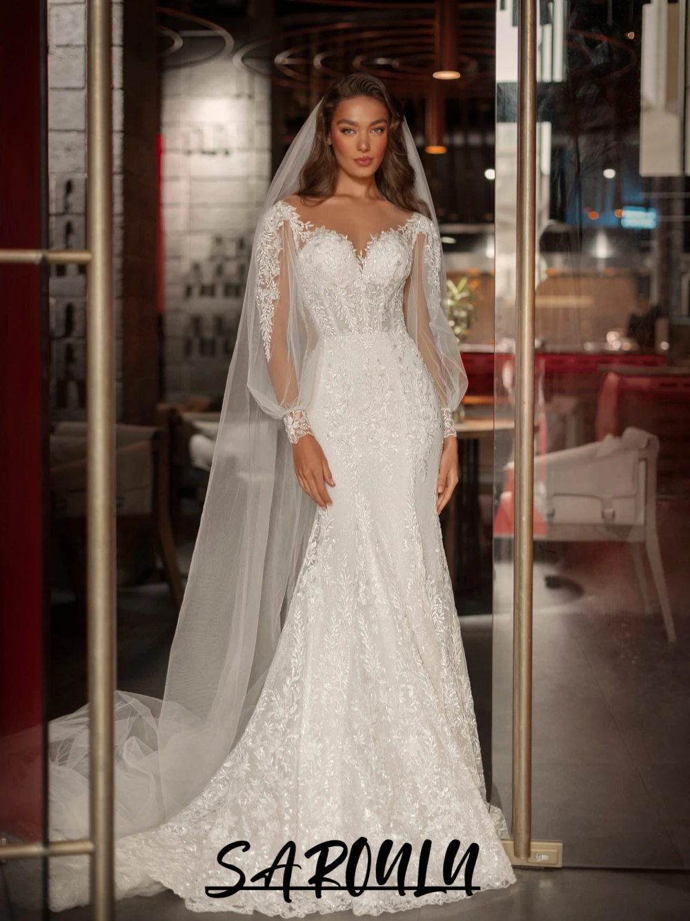 

Chic Pearls Draped Back Wedding Dress Stunning Sheer Long Sleeves Bridal Gown Customized Shimmering Beaded Mermaid Bride Wear