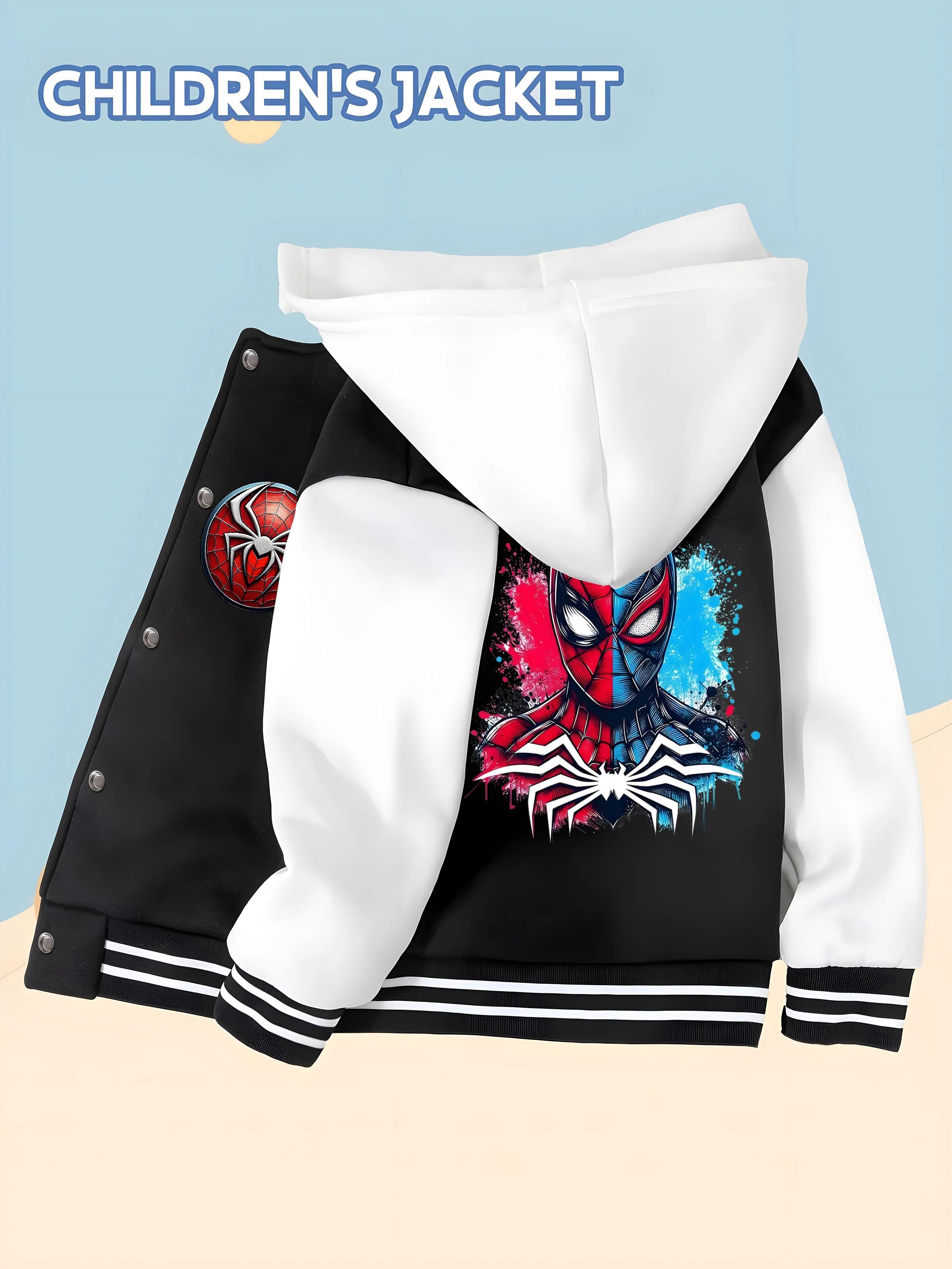 

MINISO Spider-Man co-branded boys' hooded baseball jacket with hero print, black and white stitching, trendy, comfortable and ea