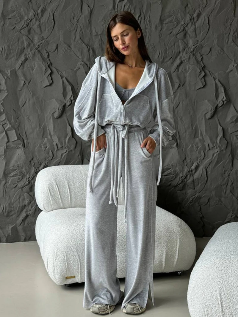 

Фланелевая женская толстовка с капюшоном, комплект из 2 предметов, осенний свободный кардиган с длинными рукавами и капюшоном + брюки с высокой талией на шнурке, женский спортивный костюм