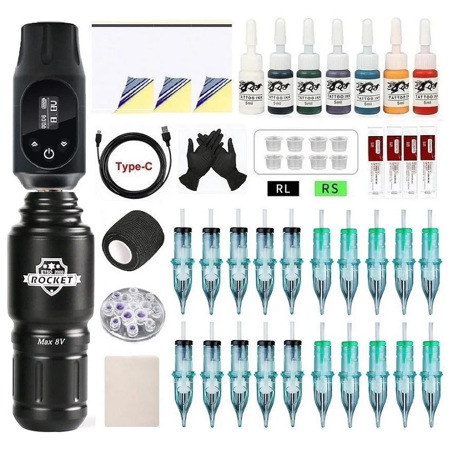 

Wireless Tattoo Machine Kit Complete Rocket Rotary Pen With 1400 mAh Tattoo Power 20PCS Cartridges Needle Tattoo Beginners Set