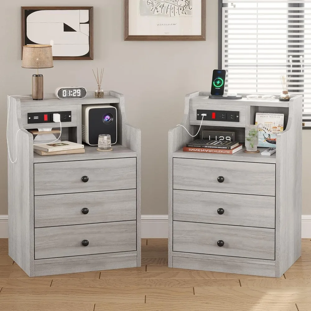 Pair of Gray Bedroom Nightstands with Charging Station and Storage Hutch