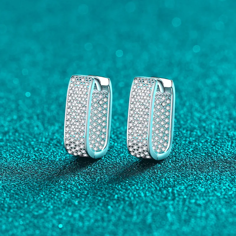 

18k White Gold Full Moissanite Hoop Earrings for Women's Small Square Buckles Gorgeous Premium Atmospheric Platinum Pt950 Gift