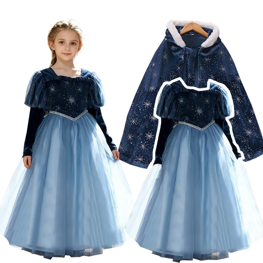 

Платье для косплея принцессы Эльзы из мультфильма «Холодное сердце» для девочек, весна/осень, с подкладкой, с накидкой, темно-синее, бархатное, с сетчатыми вставками