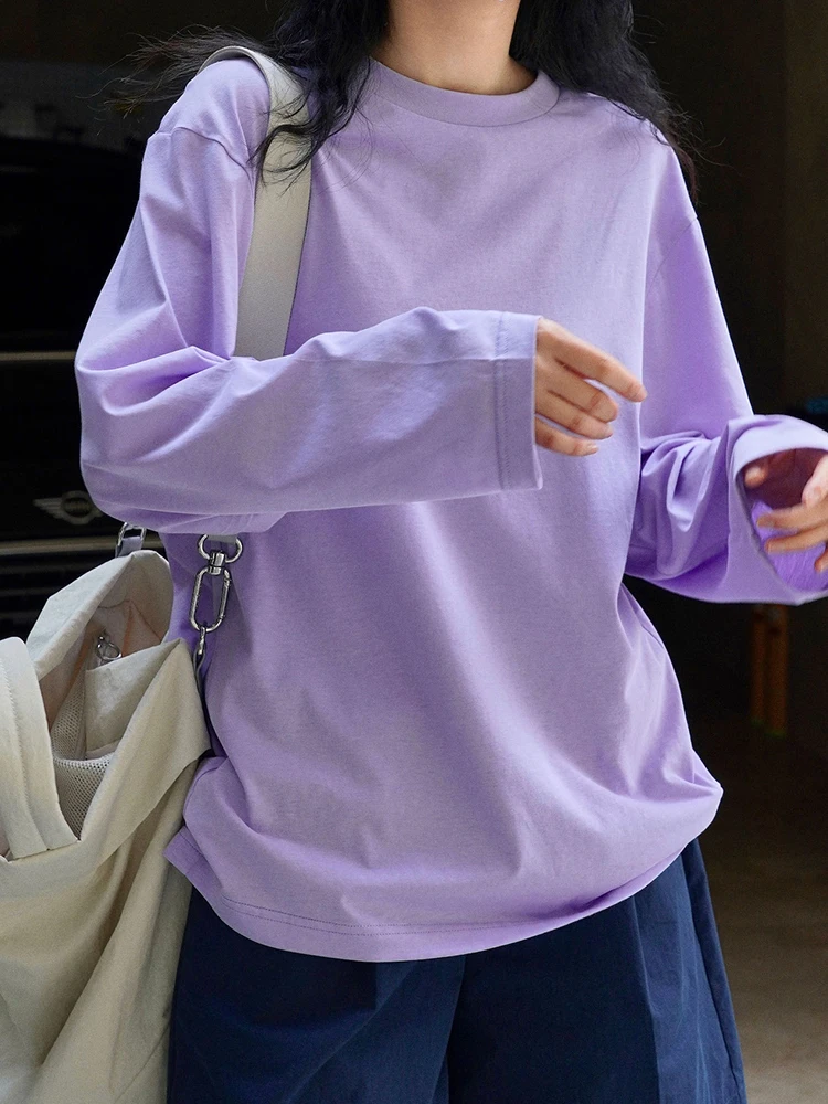 [EAM] Women Purple Brief Big Size Thin Casual Plain T-shirt New Round Neck Long Sleeve Fashion Tide Spring Autumn 2024 1DH6906