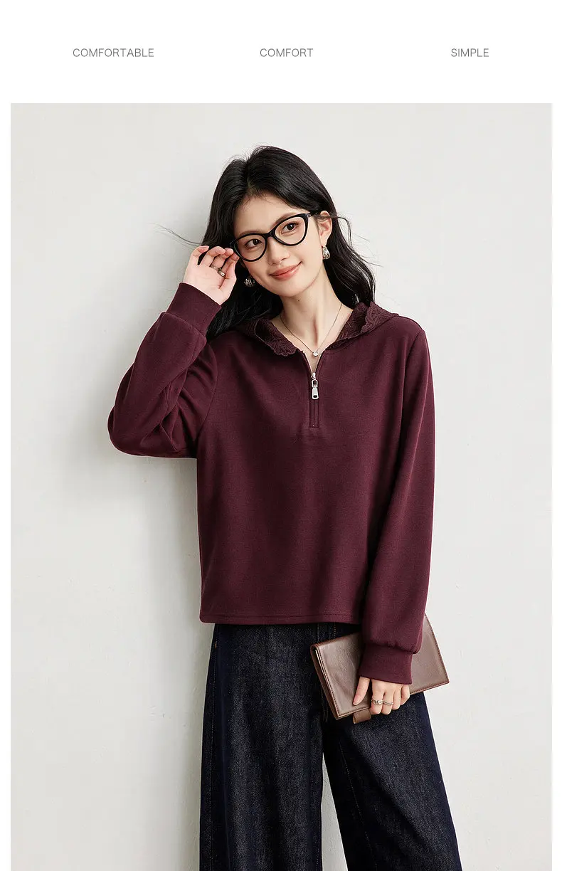 VIMLY Women's Hooded Sweatshirt 2026 Autumn Elegant Lace Trim Splicing Casual Pullover Fashion Long Sleeve Top Ladies A7628