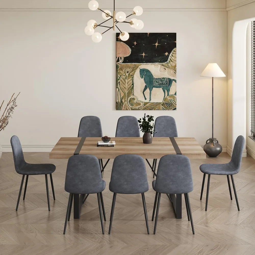 Dining Table Set for 8，9 Piece Dining Table Set，71'' Kitchen Table and Suede Nap Fabic Chairs Set of 8 for Kitchen Room