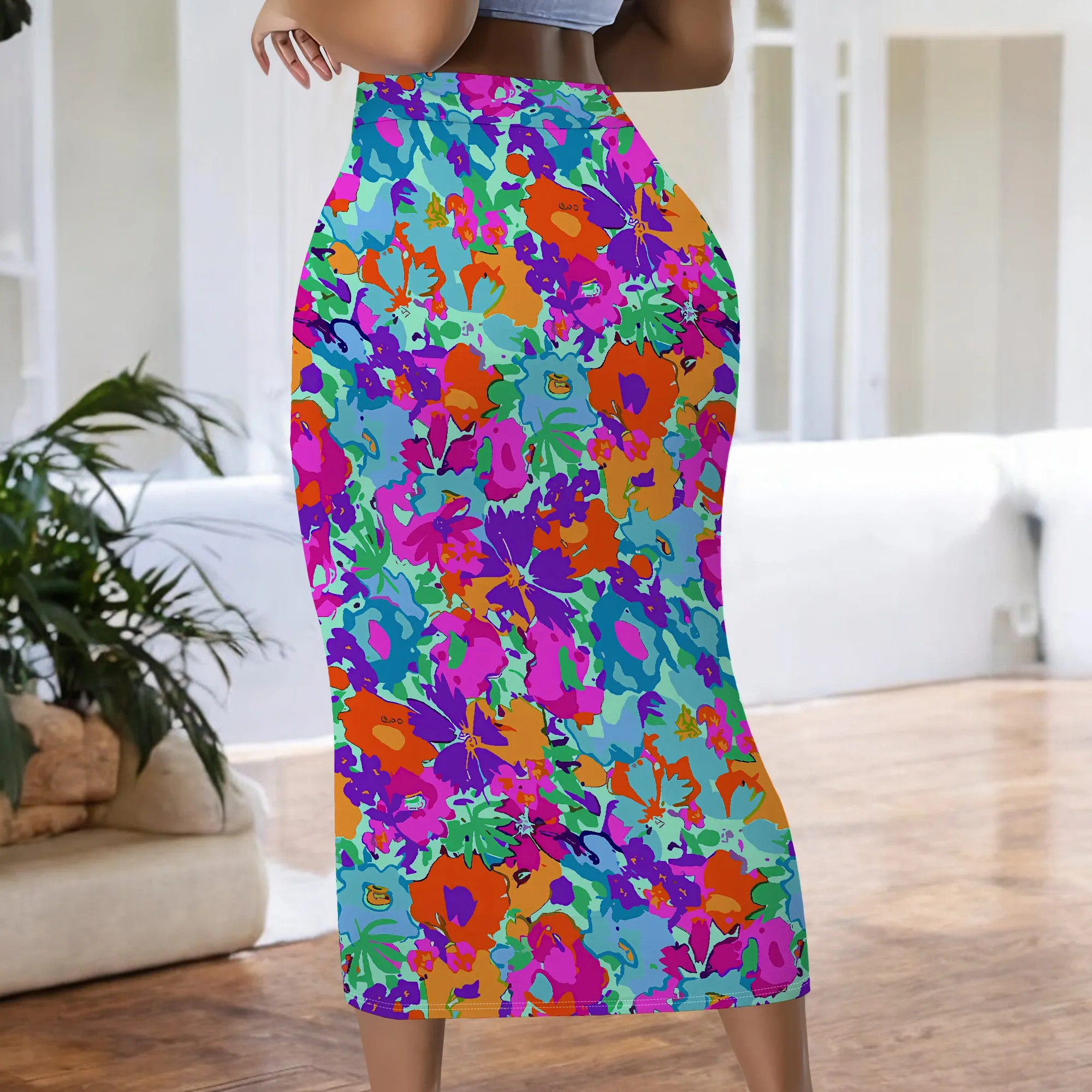Lebhaft bedruckter Blumenrock, Bleistiftrock mit bunten Blüten, Midirock mit abstraktem Kunstmotiv, Sommermode Damenrock, S-2XL – Detail 6