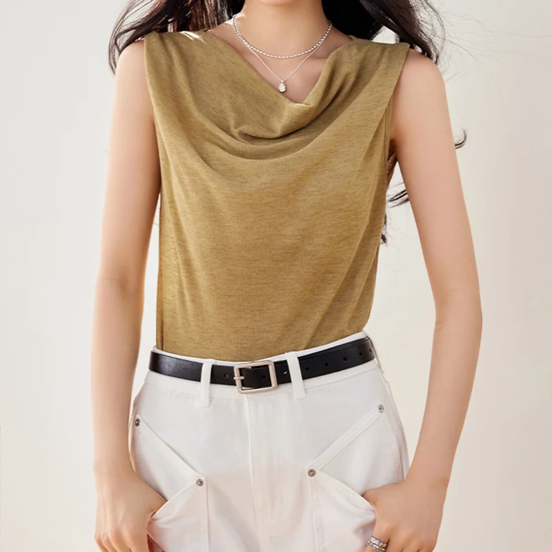 Simple Style Casual Stacked Collar Vest Womens Tops 2025summer Fashion Basic Sleeveless Straight T-shirt Loose Shirts Versatile