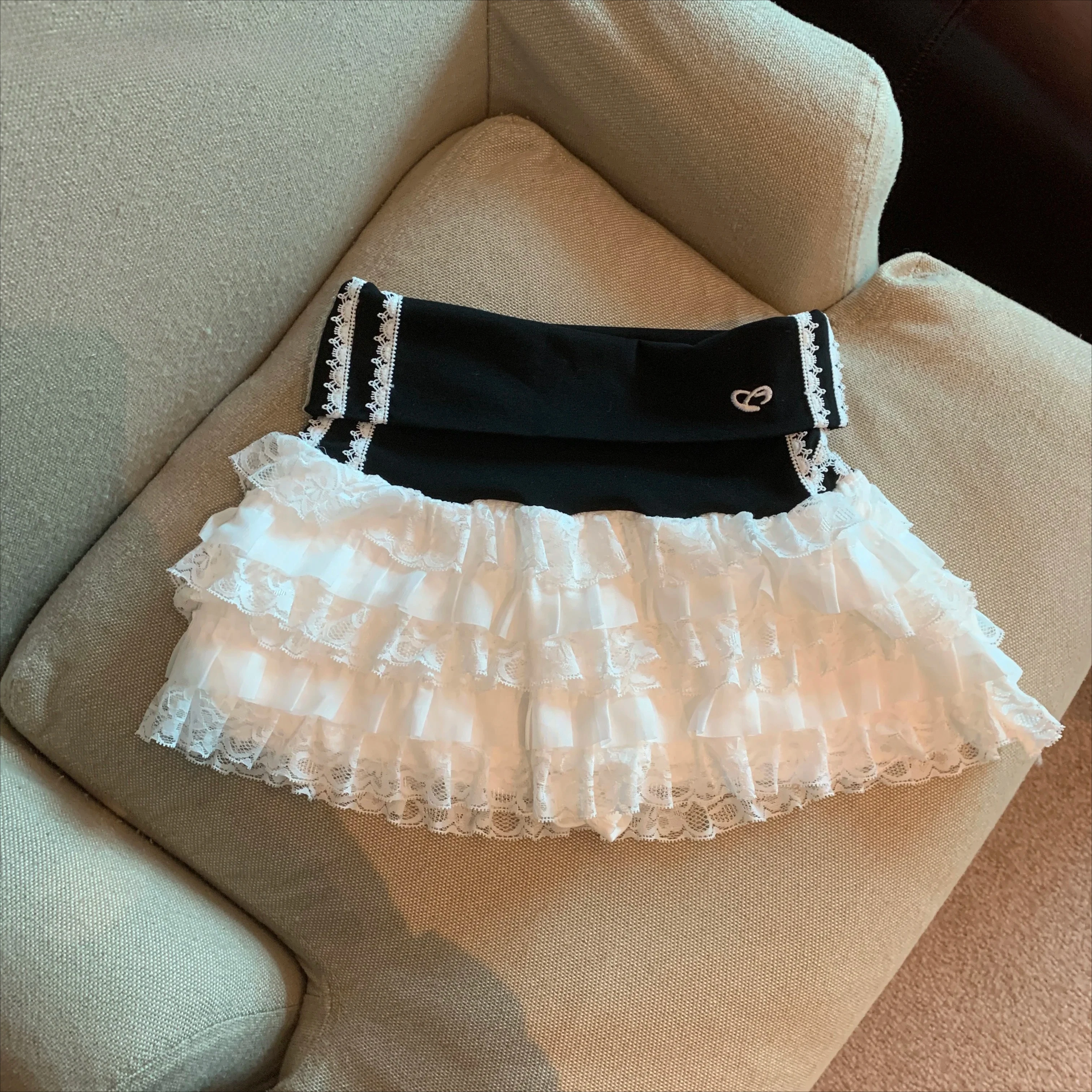 Sweet Lace Splicing Contrast สีเอวสูงเค้กกระโปรงสั้นผู้หญิงฤดูร้อนน่ารักแฟชั่นสบายๆมินิกระโปรง Femme