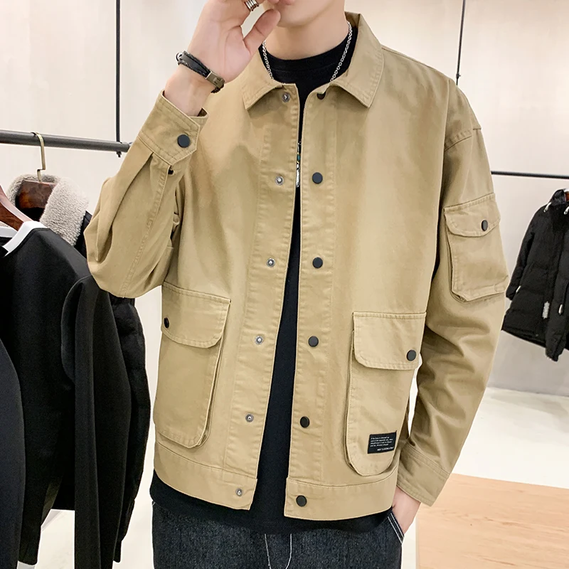 Men's Spring Autumn Style Fashionable Workwear Collar Jacket Pure Color Slim Fit Korean Version Casual Coat Youth Trendy