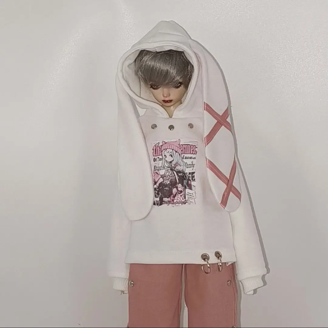 1/4 Doll's Clothes Suit for 45cm Bjd Doll Play House Toys Rabbit Ear Hoodie with Pants Set Dress Up Doll Accessories, No Doll