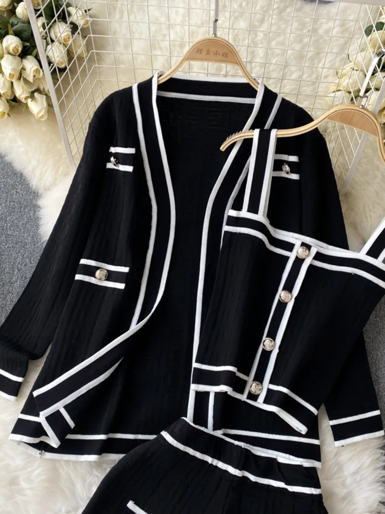 Casual Long Sleeve V Neck Cardigan Jacket + Sling Vest + High Waist Shorts High Quality Chic Button Knitted Vintage 3 Piece Sets