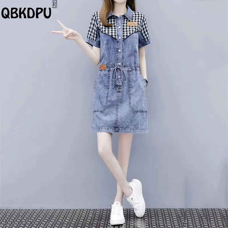 Casual Plaid Patchwork Denim Dress Women Korean Fashion Slim Waist Lace Up Jean Dresses Short Sleeve Mini Summer Vestidos Mujer